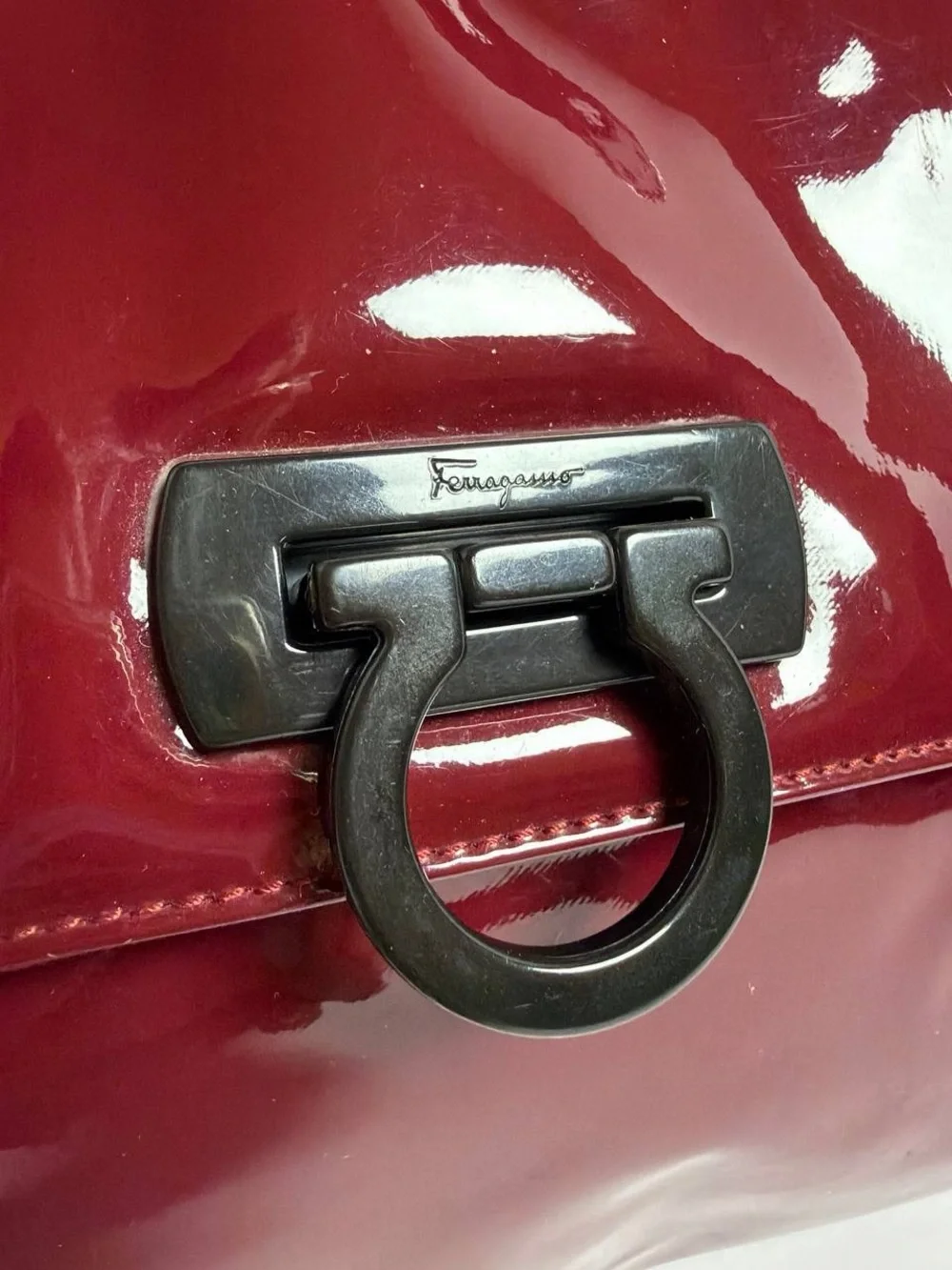 Salvatore Ferragamo Gancini Burgundy Glossy Patent Leather Shoulder Bag